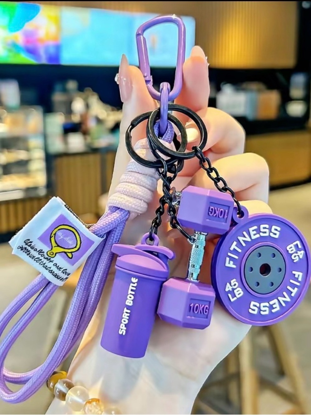 Purple Fitness Gym Keychain Dumbbell Weight Plate Shaker Bottle Lanyard Key Ring